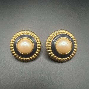 Gold Monet Round Pearl Black Enamel Classic Clip On Earrings
